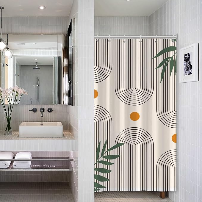 Boho Mid Century Shower Curtain Bohemian Minimalist Geometric Arch Sun Bathroom Curtain Sage Green Plant Polyester Shower Curtain Sets for Bathroom Extra Long 36x72 in with 6 Hooks