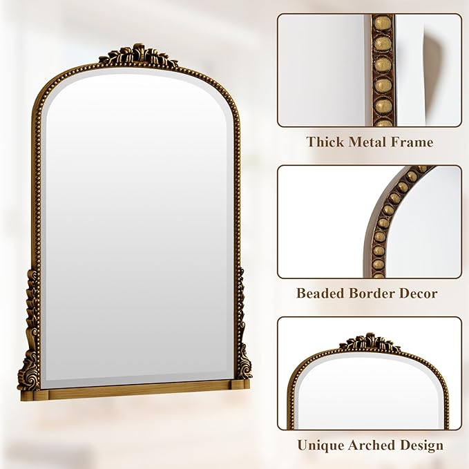 32x24 Beaded Arched Mirror, Bathroom Mirror for Over Sink, Metal Frame Wall Decor for Entryway, Bedroom, Living Room, Gold