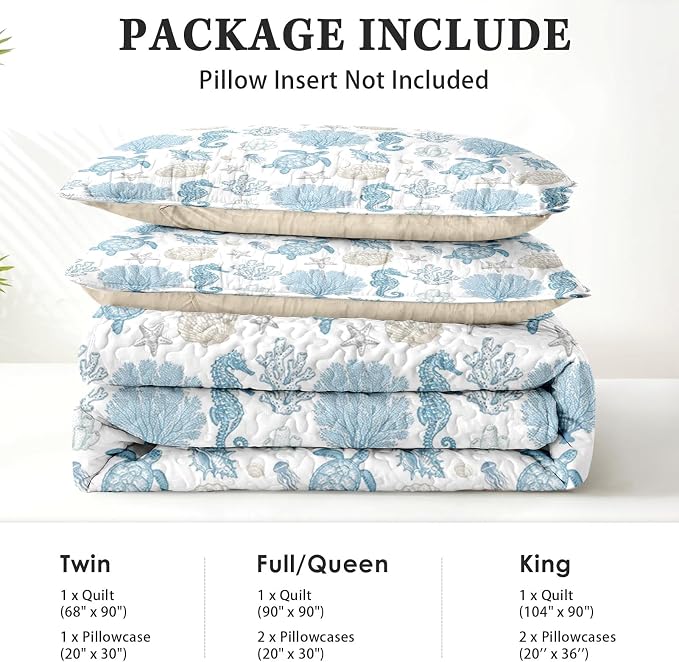 Pamnest Quilt Set King Size, Sea Shell Coral Seahorse 3 Pcs Soft Bed Cover Bedding Set for Kids and Adults, Starfish Nautical Lightweight Bedspread Coverlet with Pillow Sham for All Season