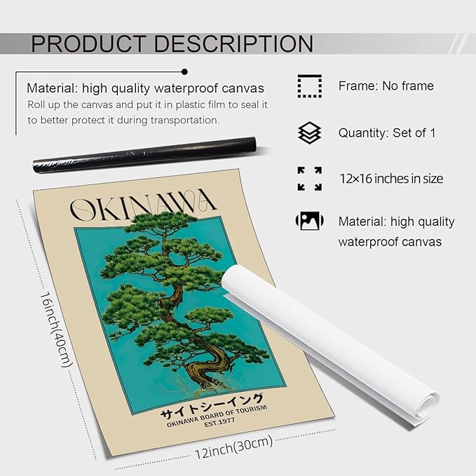 enttgo Japanese Canvas Wall Art Okinawa Prints Retro Japanese Bonsai Tree Picture Modern Ukiyo-e Decor Poster for Home Bedroom Decorations Artwork 12x16in Unframed