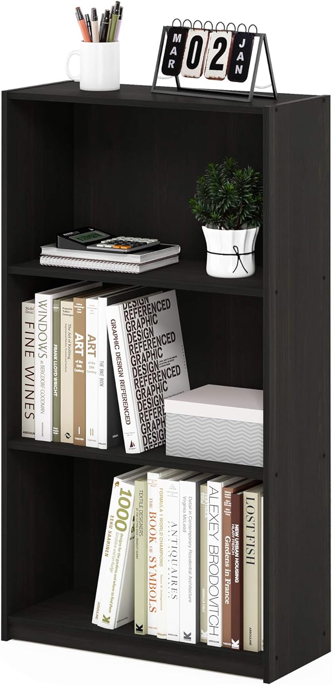 Furinno BASIC Book Shelf, 3-Tier Bookshelf with Open Shelves, Standing Bookcase, 9.3" x 21.8" x 39.5", for Organization and Storage, for Living Room, Bedroom, Home Office, Espresso