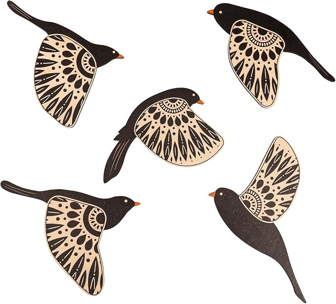 flangairy Bird Wall Decor, 5 Pcs Wooden Birds Wall Art, Rustic Folk Art for Home Office Kitchen Bathroom Living Room Bedroom Boho Decor(Black)