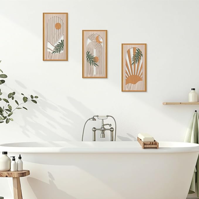 Celestdeco Boho Abstract Wood Wall Art Modern Geometric Artwork Bohemian Sun and Moon Wood Wall Decor Minimalist Line Hanging Decor for Living Room Bedroom Apartment 7.9 x15.8 Inch
