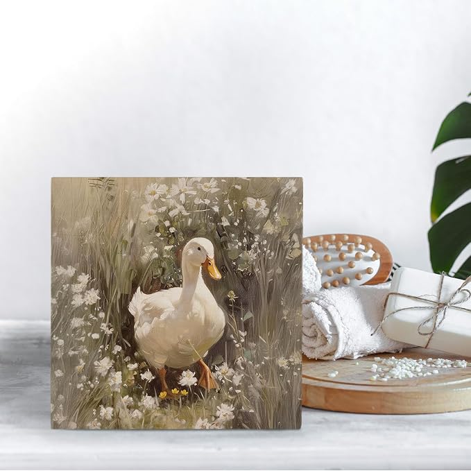 Rustic Wildflower Duck Wooden Box Sign Desk Decor, Ducks Lover Gifts, Vintage Countryside Farmhouse Duck Wood Signs for Home Office Desk Table Shelf Decorations, 5x5 Inch