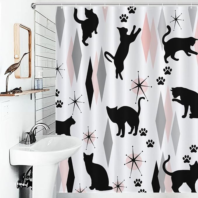 Mid Century Modern Shower Curtain for Bathroom, Retro Abstract Geometric Black Cat Atomic Pink Kittey Retro 1950s 1960s Waterproof Fabric Shower Curtain Set with Hooks, 72"x72"