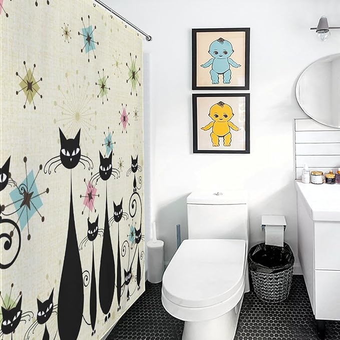 Mid Century Black Cat Shower Curtain,Retro Funny Atomic Cat Modern Abstract Geometric Iconic Pattern Bathroom Curtain Polyester Waterproof Fabric Decor 66x72in（168x183cm）