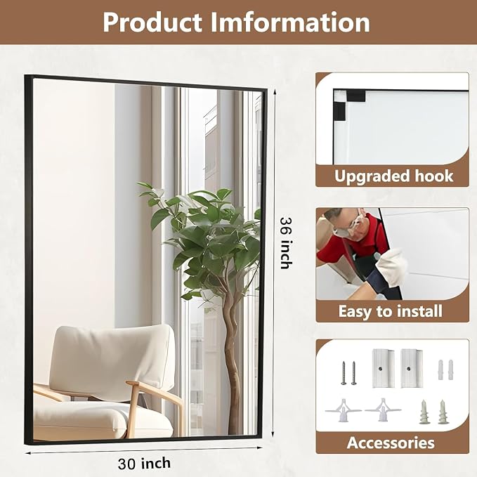 Black Bathroom Mirror, 30"x36" Rectangle Mirror, Matte Black Mirror, Metal Frame Square Corner Vanity Mirror, Wall Mounted Mirror for Modern, Living Room, Bedroom, Horizontal Or Vertical