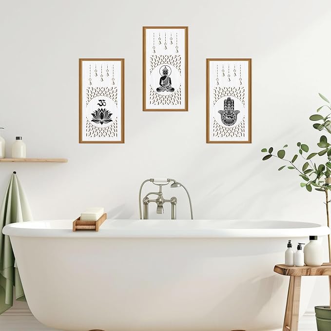 Ausril 3 Pcs Boho Lotus Wall Decor,Abstract Lotus Wood Wall Art Bohemian Yoga Hanging Decor Nature Neutral Artwork Decoration for Farmhouse Bedroom Living Room 7.9 x15.8 Inch