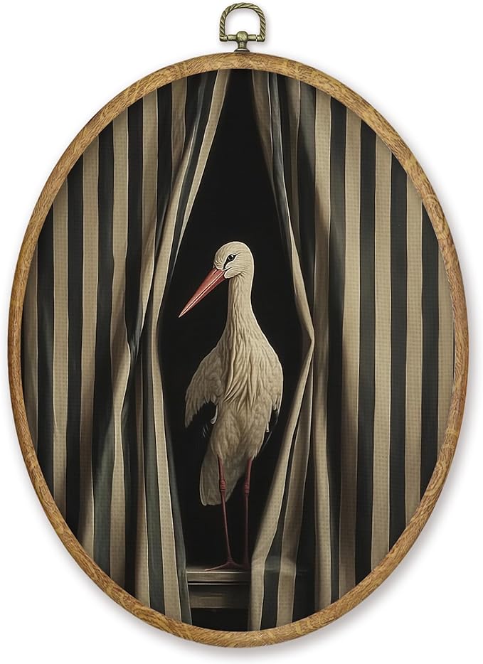CGBHW Vintage Japanese Crane Oval Wall Art Decor, Funny Japandi Bird Canvas Prints Framed, Green Asian Oriental Crane Wall Art Hanging Decor for Home Kitchen Bedroom Living Room Decoration, 8.6x11.4 Inch