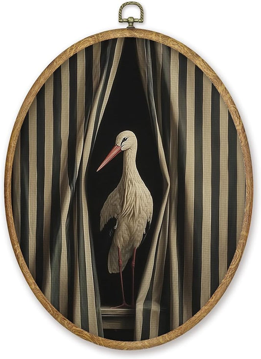 CGBHW Vintage Japanese Crane Oval Wall Art Decor, Funny Japandi Bird Canvas Prints Framed, Green Asian Oriental Crane Wall Art Hanging Decor for Home Kitchen Bedroom Living Room Decoration, 8.6x11.4 Inch