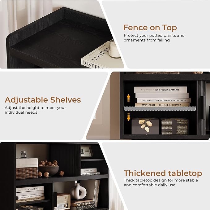Mid-Century Modern Buffet Sideboard Cabinet with Outlet, 44" Sideboard Buffet Cabinet with Sliding Door & Adjustable Shelves, Fluted Accent Coffee Bar Console Table with Wooden Feet (Black)
