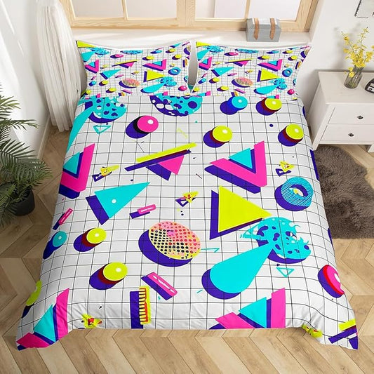 80s 90S Fashion Style Bedding Set Queen Size,Retro Memphis Style Pattern with Geometrical Shapes Duvet Cover for Kids Child,Funky Hipster Old Fashioned Comforter Cover Geometric Bedroom Decor