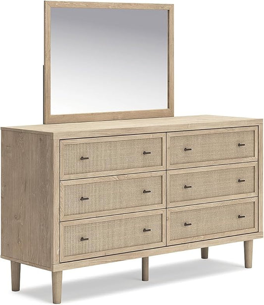 Signature Design by Ashley Cielden French Country 6-Drawer Dresser and Mirror with Safety Stop, Light Brown