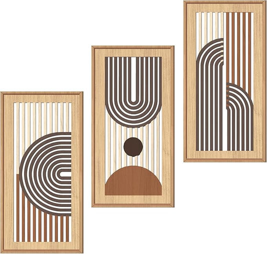 IARTTOP Mid-century Modern Boho Wooden Wall Art Framed 8x16 Inch Orange Abstract Bohemian Wood Wall Decor Set of 3 Minimalist Geometry Artwork for Living room Bedroom Office