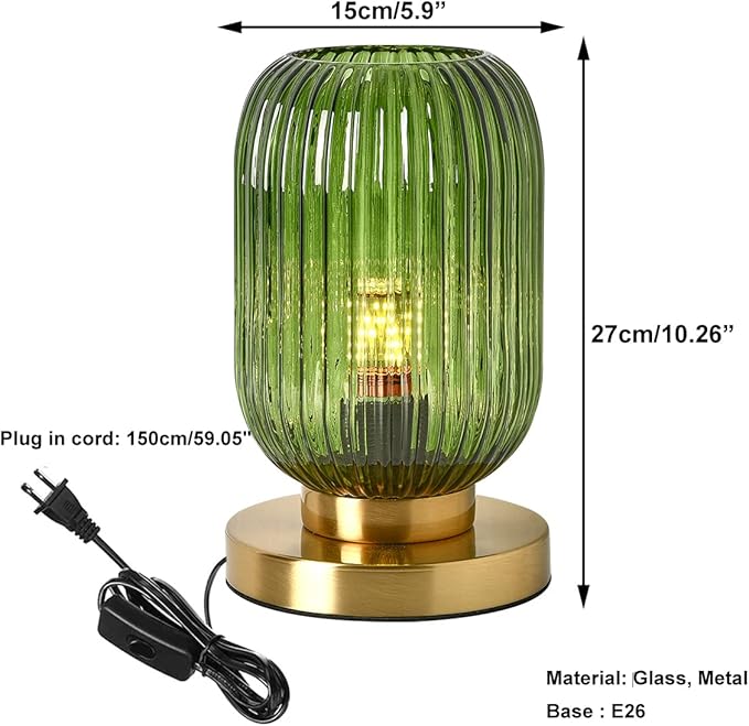 Glass Table Lamps Mid Century Modern Globe Table lamp Gold Desk lamp nightstand lamp with Green Pumpkin Design Ribbed Glass Bedside Table Lamp for Bedroom Living Room Office