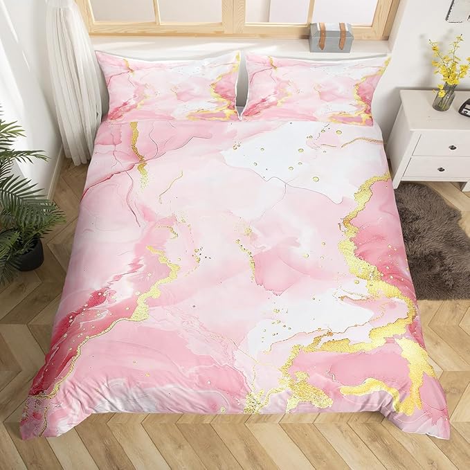Erosebridal Girls Pink Marble Bedding Sets Twin Pastel Watercolor Comforter Cover, Abstract Artwork Bed Set Girly Aesthetic Duvet Cover, Geometric Marbling Mountain Fluid Quilt Cover (Zipper Closure)
