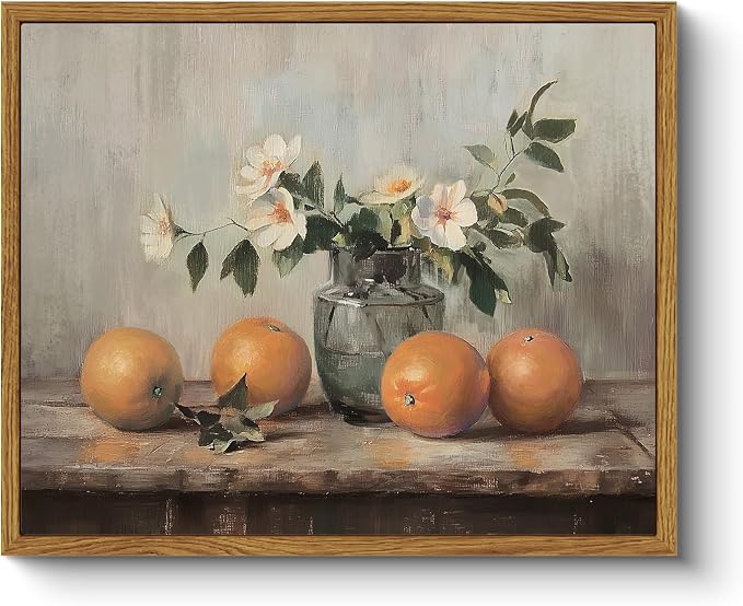 ARPEOTCY Framed Canvas Wall Art, Farmhouse Vintage Wall Decor, Oranges Still Life Painting for Country Kitchen Bedroom Shelf, Rustic Cottagecore Pictures Decorations, 8x10inch