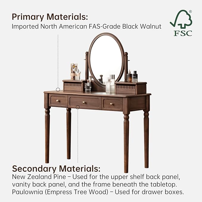 Vintage Vanity Desk with Rotating Mirror, Solid Walnut Dressing Table for Bedroom, Dark American Style Vanity, 37" W x 18" D x 56" H