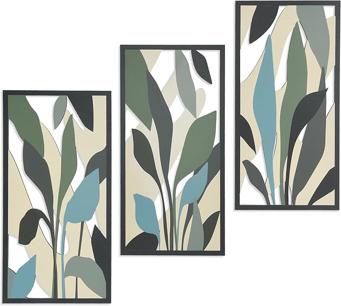 Boho Wall Art Decor for Living Room, 3D Textured Botanical Tropical Leaf Wood Framed Artwork, Mid Century Modern Farmhouse Wall Decor for Bedroom Office (Tropical Plant Theme - 15.7 x 7.87 inch)
