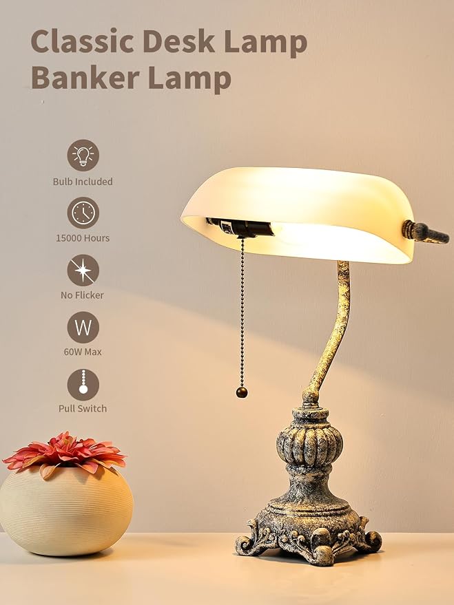 Retro White Matted Glass Bankers Desk Lamp for Home Office,Library with Pull Chain Switch Plug in Fixture, LED Bulb Included