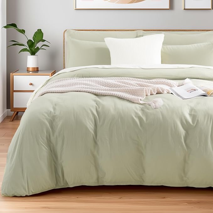 NEXHOME PRO Duvet Cover Set Super Queen 92"x98" Linen Feel Textured Organic Natural 100% Washed Cotton Duvet Cover 3 Pieces Bedding Set Zipper Closure, Breathable, Mint Green (No Comforter)