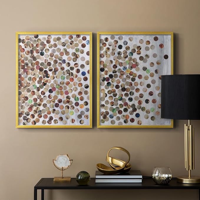 Renditions Gallery Set of 2 Peel & Stick Framed Prints, Textured Abstract Wall Art, Scattered Circular Cutouts Wall Decor, Re-Stickable - Ready to Hang - 22"x28" - GOLD Frame LT588