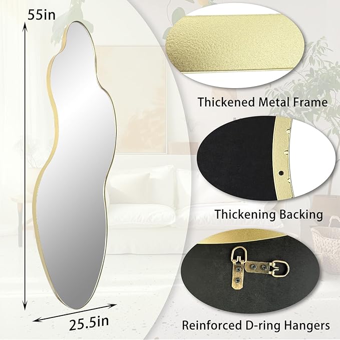 Irregular Mirror, 55"x26" Asymmetrical Wall Mirror with Gold Metal Frame, Large Abstract Mirrors Decorative, Modern Unique Shaped Mirrors for Living Room Bathroom Bedroom Hallway Entryway
