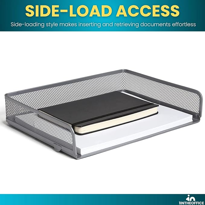 Stackable Side Load Letter Tray, Silver Wire Metal Mesh Paper Tray Organizer, 2 Trays