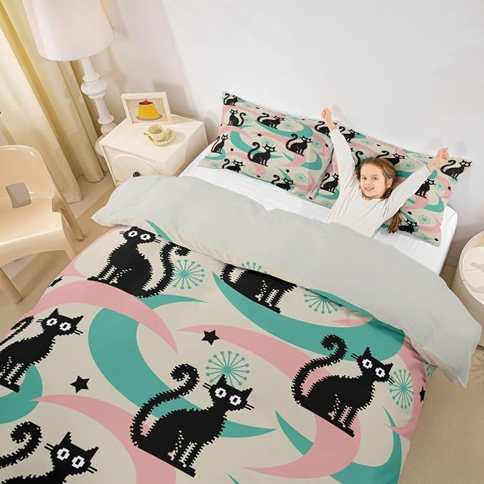 Erosebridal Mid Century Cat Bedding Set Twin Cute Cartoon Cat Duvet Cover Boho Abstract Geometric Comforter Cover for Kids Girls Boys Adults Retro Groovy Animal Bed Set