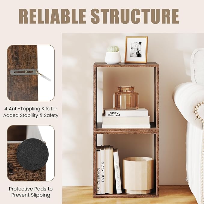 LOKO Stackable 2 Cube Storage Organizer, Cubby Storage Bookcase with Anti-toppling Device, 2-Tier Bookshelf, Combinable Record Player Stand for Living Room, Bedroom, Study (2, Rustic Brown)