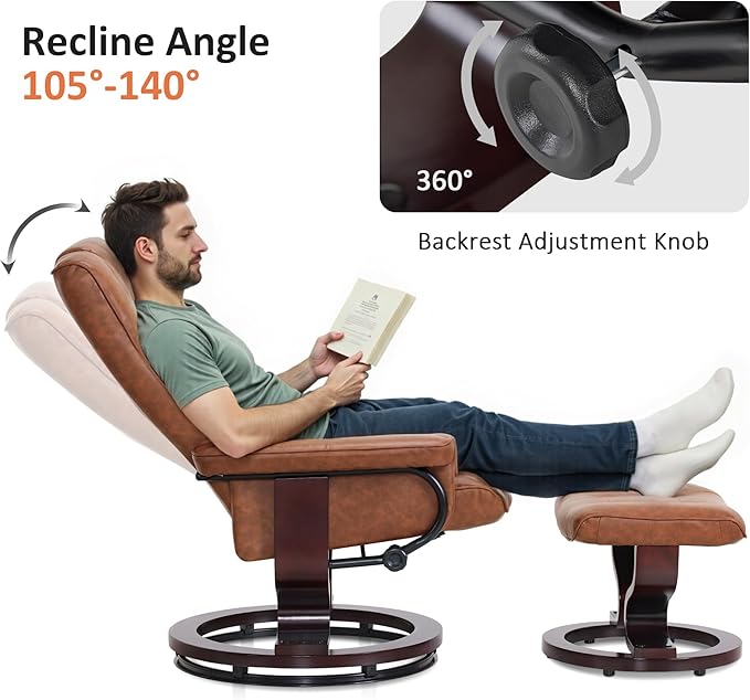 MCombo Manual Swivel Recliner with Ottoman, Chair Ottoman Set for RV Small Spaces, Living Room, Bedroom, Office 9019 4919 (Faux Leather, Saddle)