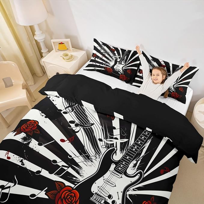 Erosebridal Guitar Comforter Cover King Rock Roll Vintage Room Decor Bedding Set Abstract Striped Musical Notes Duvet Cover,Rose Floral Punk Music Bed Set