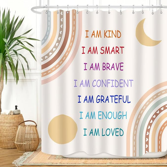 Boho Rainbow Quotes Shower Curtain Colorful Inspirational Positive Kids Teen Girls Abstract Moon Sun Fabric Home Bathroom Decor Waterproof Fabric 72Lx60W Inch with Plastic 12PCS Hooks