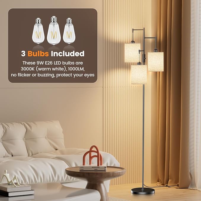 SIBRILLE Dimmable Floor Lamp, Tall Standing Lamp with Linen Shade, Industrial Tree Floor Lamps for Living Room Bedroom Office, 3 x 1000LM LED Bulbs Included