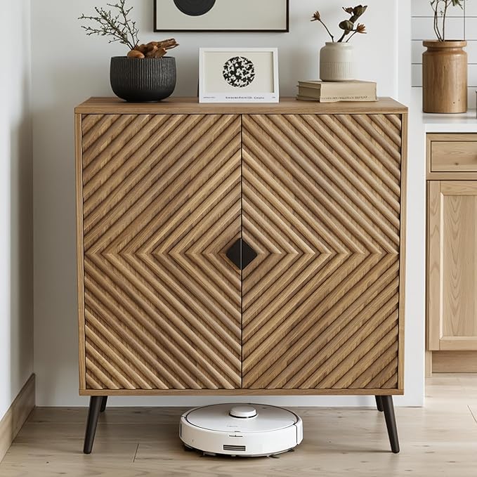 Smuxee Walnut Sideboard Cabinet with Fluted Diamond Doors, Freestanding Buffet Cabinet with Adjustable Shelf, Wood Storage Cabinet for Living Room, Entryway, Hallway