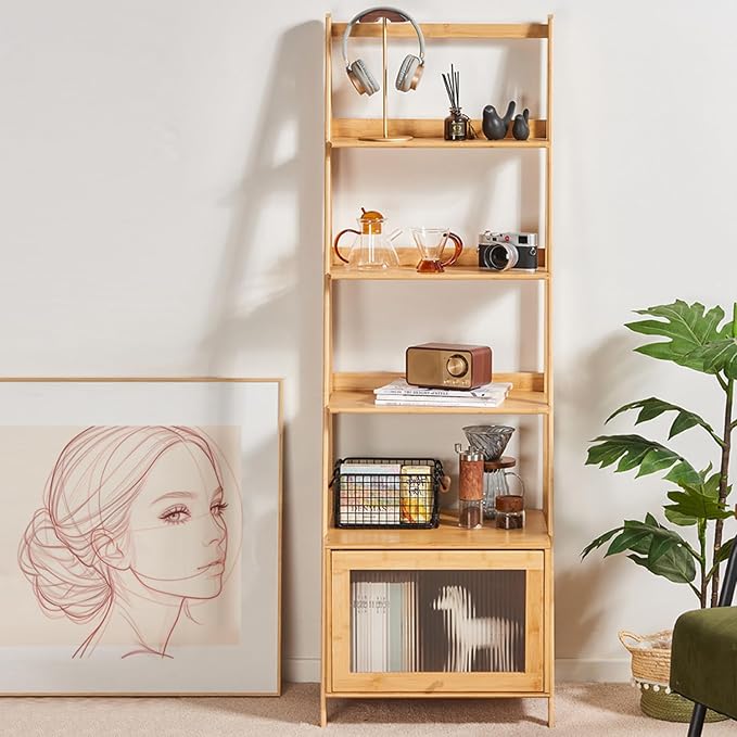 5-Tier Bamboo Ladder Bookshelf with Storage Cabinet， Mid Century Modern Bookcase Rustic Accent Furniture Open Display Rack Shelf for Bedroom Living Room Home Office, Natural
