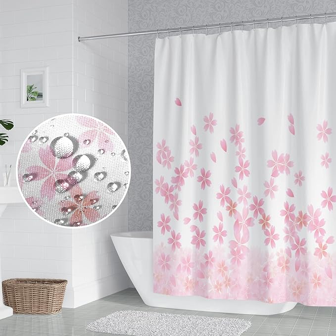 Pink Floral Bathroom Shower Curtain Cherry Blossom Dreamy Flowers Petal Shower with Hooks Polyester Waterproof Fabric Girly Home Decorative Bathtub, 60x72 Inch