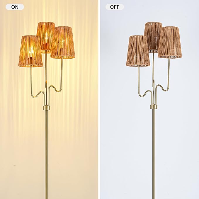 MAYNA Bohemian Floor Lamp, 68 in. Rattan Floor Lamp with Rattan Shade, 3-Light Tree-Shaped Stand Lamp for Bedroom, Nursery, E26 Socket, Living Room(Gold)