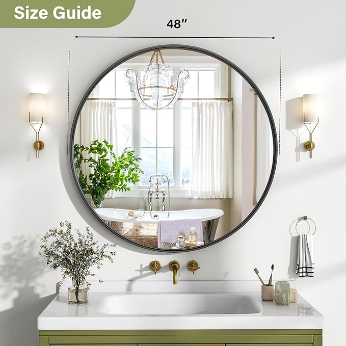 48 Inch Round Bathroom Mirror - Wall Mounted Circle Mirror with Metal Frame, Modern Mirror Suitable for Bathroom, Vanity, Entryway, Living Room, Wall Decor,Black