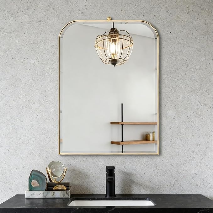 POZINO Brushed Gold Arched Mirror, 22"x35" Brass Vanity Oblong Mirror for Over Sink, Stainless Steel Frame Rounded Rectangle Mirrors for Bathroom Bedroom Living Room Entryway Hallway