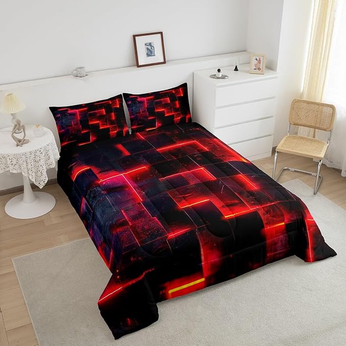 Red and Black Bedding King 3D Glowing Buffalo King Comforter Set, Modern Abstract Art Bedding Comforter Sets Geometric Plaid Duvet Insert, Gradient Futuristic Cubes Down Comforter (Black Reversible)