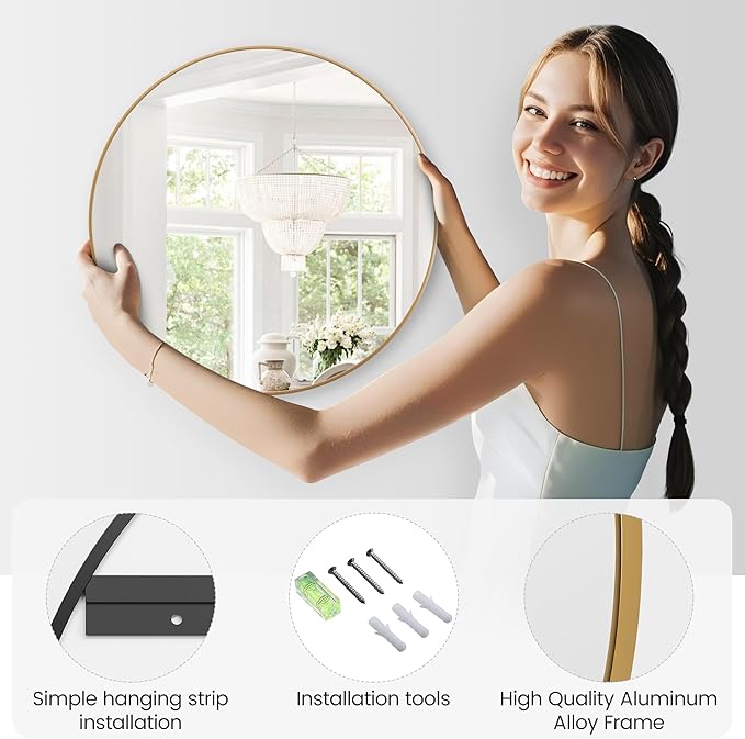 36" Gold Round Mirror for Wall, Large Circle Bathroom Mirror, Matte Gold Metal Frame, HD Eco-Friendly Glass, Contemporary Vanity Entryway Hallway Living Room Home Decor, Easy to Hang