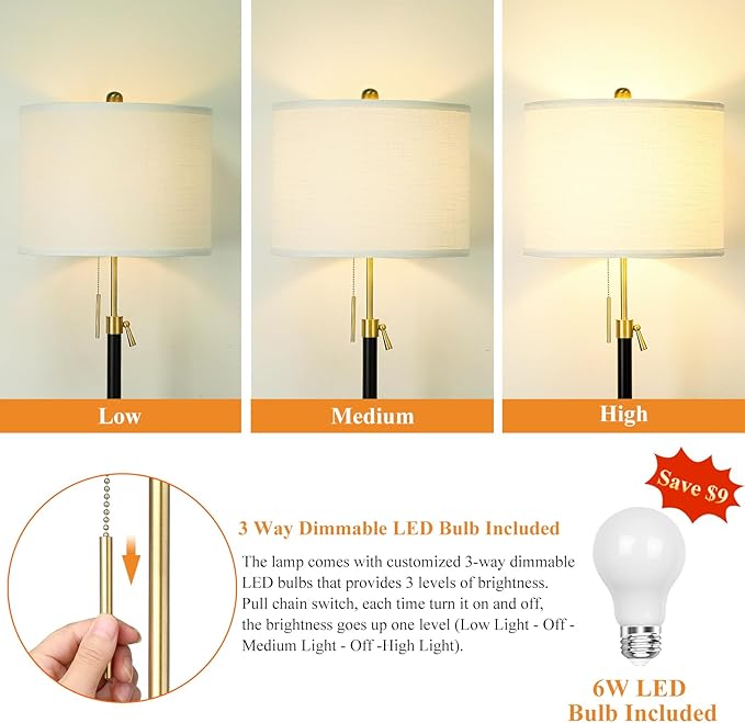 Qingmiao Floor Lamp for Living Room Adjustable Tall Standing Lamp, 3-Way Dimmable Floor Lamp for Bedroom Office, Black Gold Lamp with Marble Base and White Linen Shade