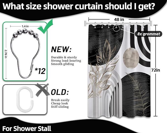 Mid Century Modern Black and White Shower Curtain Cool Charcoal Grey Silver Shower Curtains for Mens Bathroom Decor Sets, Abstract Boho Pattern, Waterproof Cloth Fabric with Hooks 48x72 in