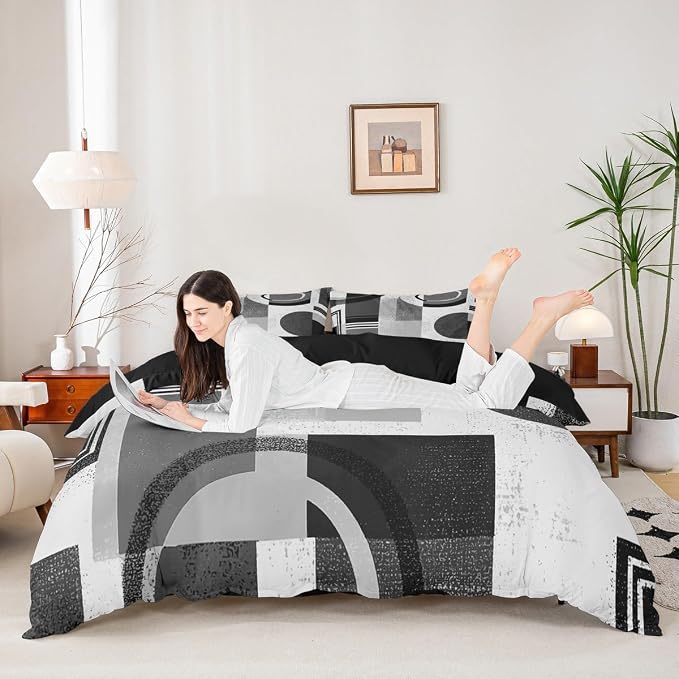 Geometric Striped Circle Duvet Cover Set Twin Size,Abstract Aesthetic Simple Art Bedding Set,Boys Girls Room Decor,Graffiti Retro Squares Comforter Cover,Grey Quilt Cover,1 Pillowcase(No Filler)