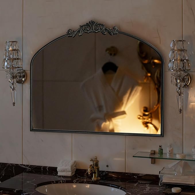 Black Arched Mirror for Wall,Baroque Fireplace Mirror Decor,Brass Wall Mirror,Ornate Mirrors for Entryway/Bathroom/Living Room/Hallway 36"X30" …