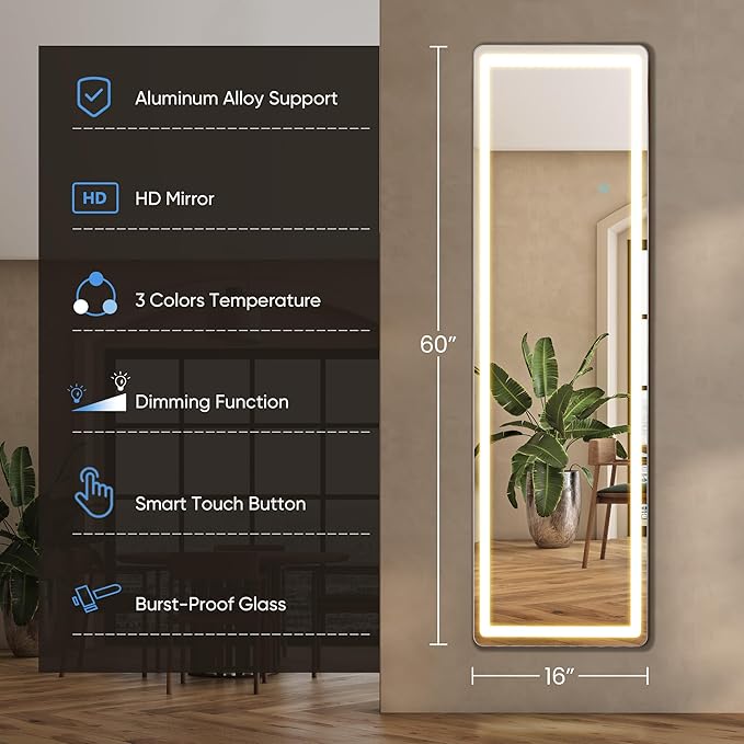 OLIXIS 16"x 60" LED Full Length Mirror with Lights, Standing Lighted Floor Full Body Mirror with 3 Color Lighting, Wall Mounted Mirrors for Bedroom, Bathroom, Entryway with Tempered Glass