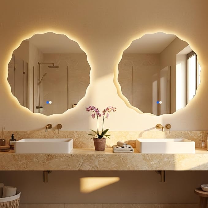 Round Led Bathroom Mirror- 24" Wavy Vanity Mirror with Lights IP54 Enhanced Anti-Fog,Single Piece 3 Colors Dimmable, Memory,Tempered Glass,UL Listed