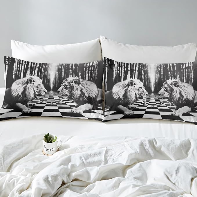 Lion Duvet Cover Set King Size,International Chess Black White Checkered Geometric Bedding Set,Boys Men Room Decor,Wild Jungle Animals Comforter Cover,Rustic Retro Quilt Cover,2 Pillowcases(No Filler)