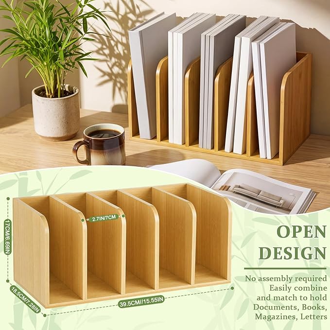 Novabright Bamboo Magazine File Holder Desk Organizer, 5 Vertical Compartments Workspace Sorters for Magazines, Binders, Notebooks, Envelopes